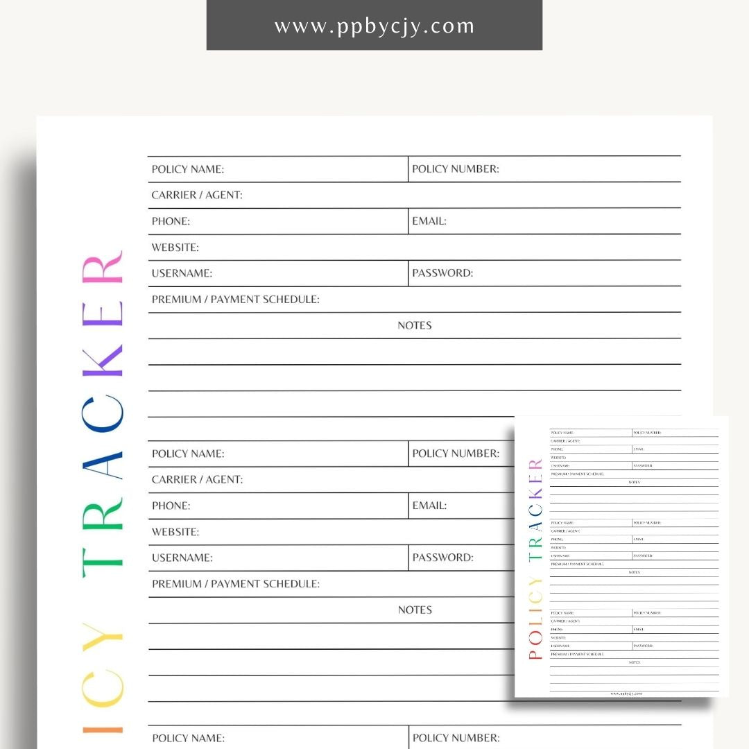 Insurance Policy Tracker Printable Template – Digital download for organizing and managing your insurance policies, coverage details, and renewal dates