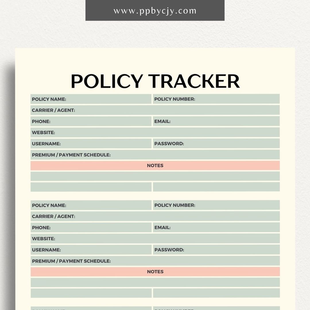 Insurance Policy Tracker Printable Template – Digital download for organizing and managing your insurance policies, coverage details, and renewal dates