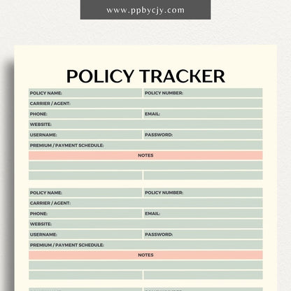 Insurance Policy Tracker Printable Template – Digital download for organizing and managing your insurance policies, coverage details, and renewal dates