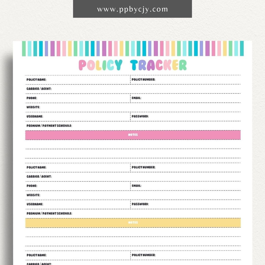 Insurance Policy Tracker Printable Template – Digital download for organizing and managing your insurance policies, coverage details, and renewal dates