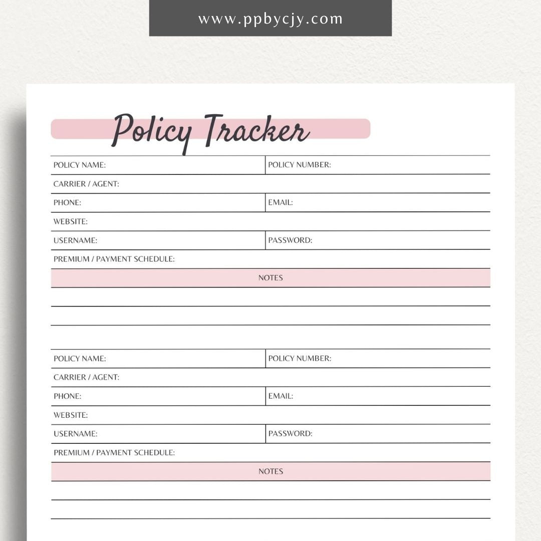 Insurance Policy Tracker Printable PDF Template