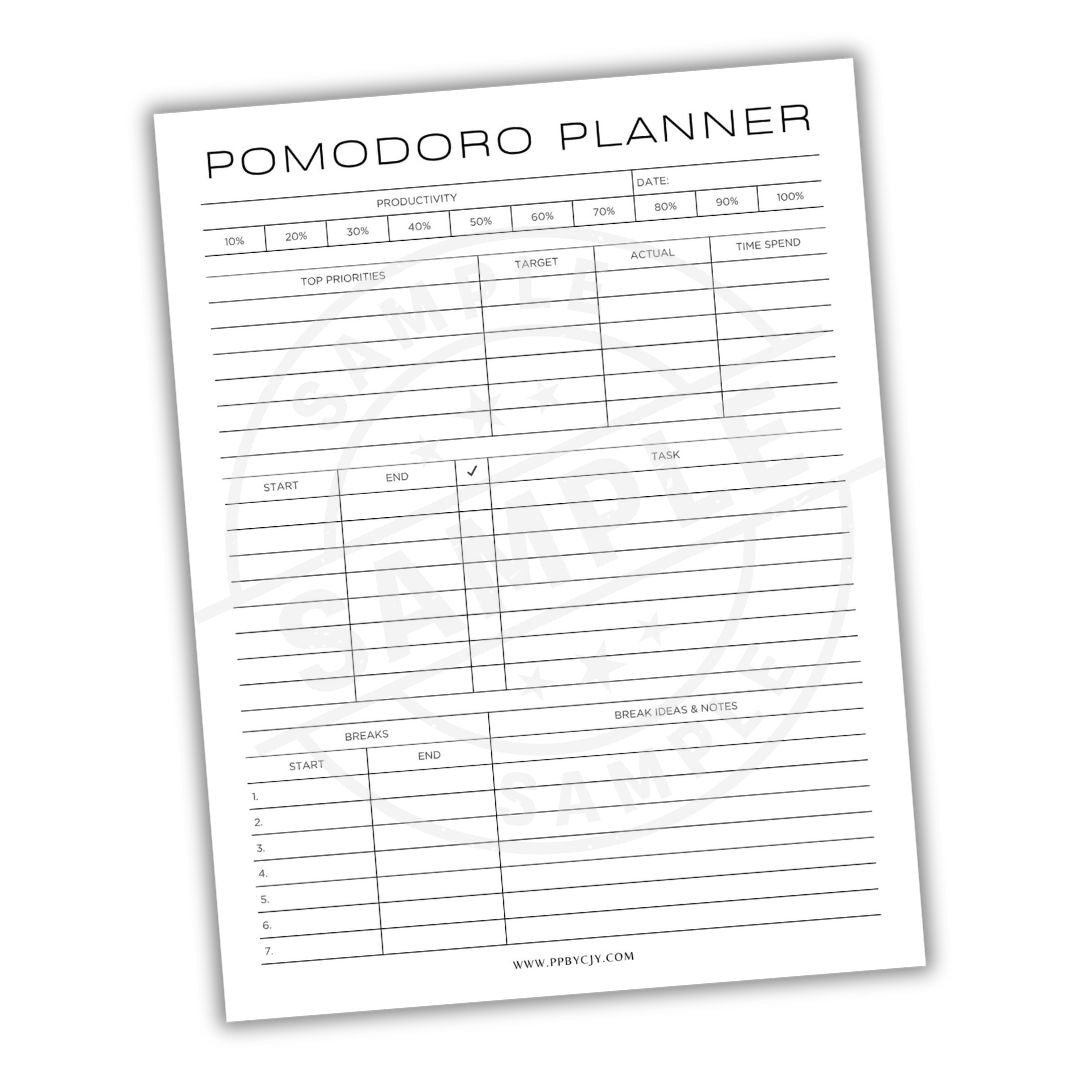 Pomodoro planner sheet with time management and productivity tracking sections on a white background.