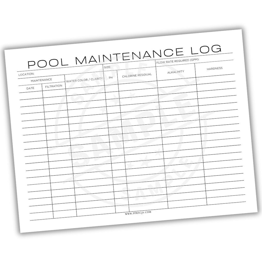 Pool maintenance log sheet on a white background