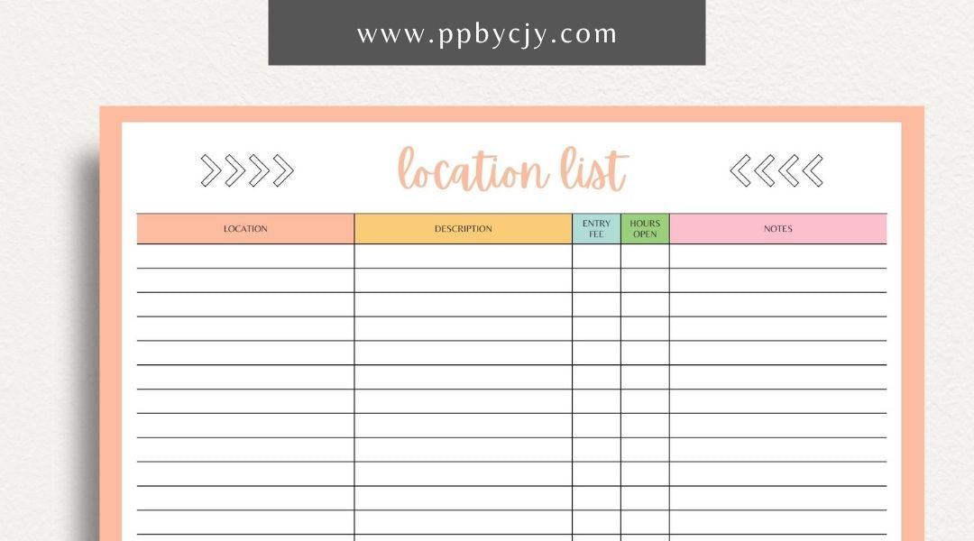 Photography Location List Printable Template – Digital download for organizing and tracking photography spots, photoshoot planning, and location details