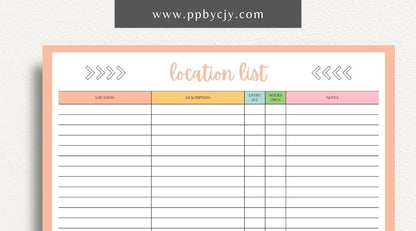 Photography Location List Printable Template – Digital download for organizing and tracking photography spots, photoshoot planning, and location details