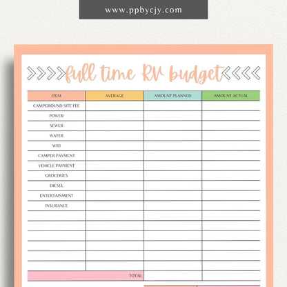 Full-Time RV Budget Printable Template – Digital download for planning and tracking expenses while living in an RV.