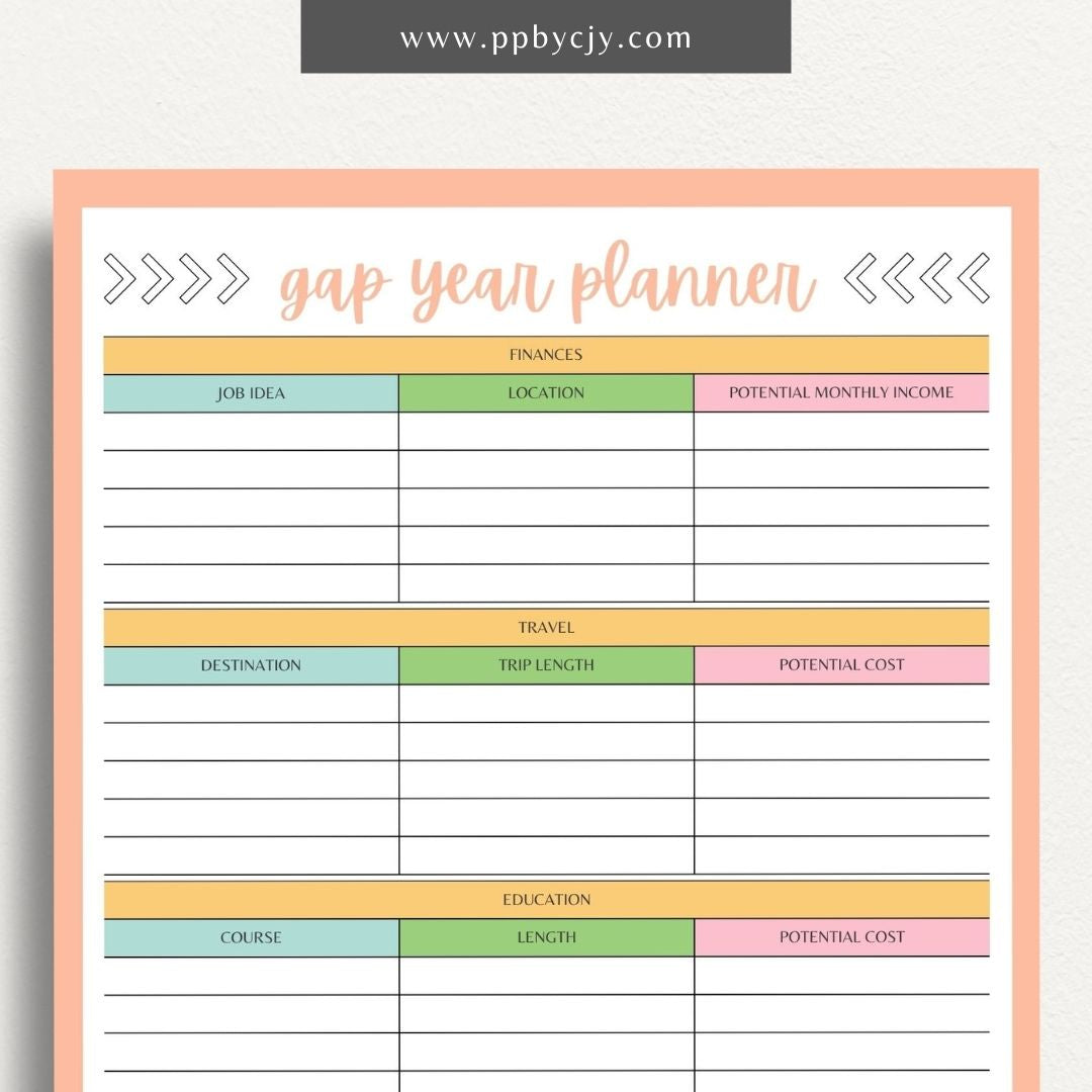 Gap Year Planner Printable Template – Digital download for organizing travel, setting goals, and tracking experiences during your gap year.