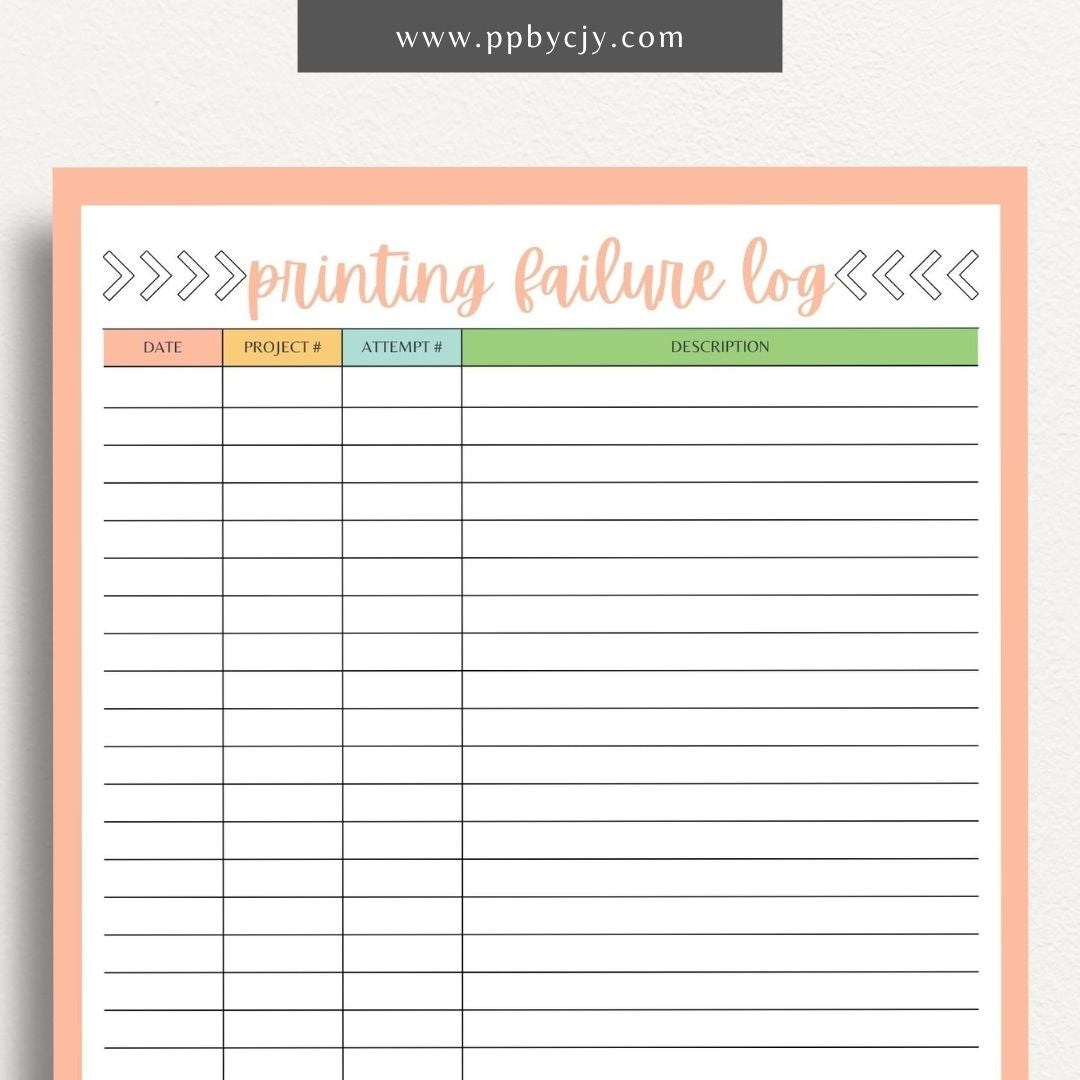 3D Printer Failure Log Printable Template – Digital download for documenting and tracking 3D printer errors, troubleshooting steps, and failure incidents