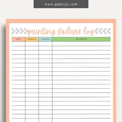 3D Printer Failure Log Printable Template – Digital download for documenting and tracking 3D printer errors, troubleshooting steps, and failure incidents