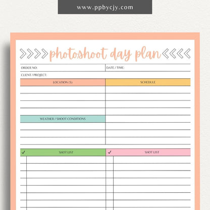 Photoshoot Day Plan Printable Template – Digital download for organizing and planning photography sessions, shoot day schedules, and equipment lists