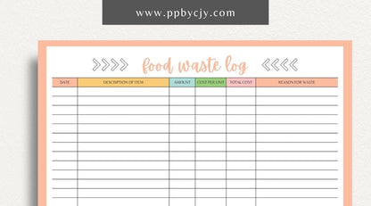 Restaurant Waste Log Printable Template – Digital download for tracking and managing waste in a restaurant, including types, quantities, and reasons for disposal