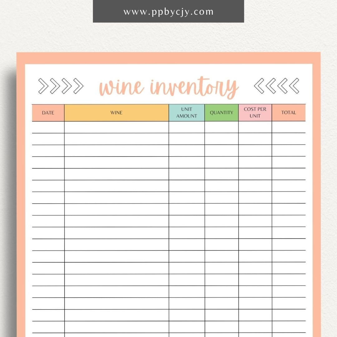 Wine Inventory Printable Template – Digital download for cataloging and managing your wine collection, including details like wine type, vintage, quantity, and storage location