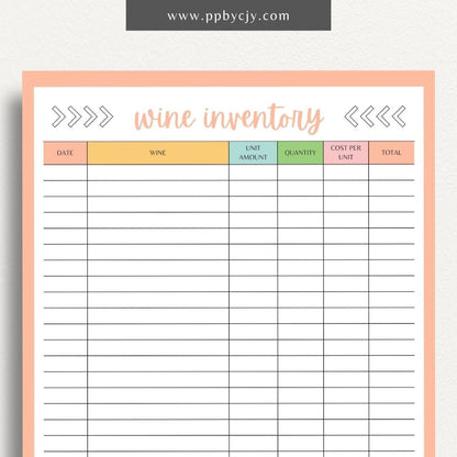 Wine Inventory Printable Template – Digital download for cataloging and managing your wine collection, including details like wine type, vintage, quantity, and storage location