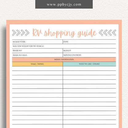 RV Shopping Guide Printable Template – Digital download for planning and organizing your RV purchase or upgrade, including features, checklists, and comparisons