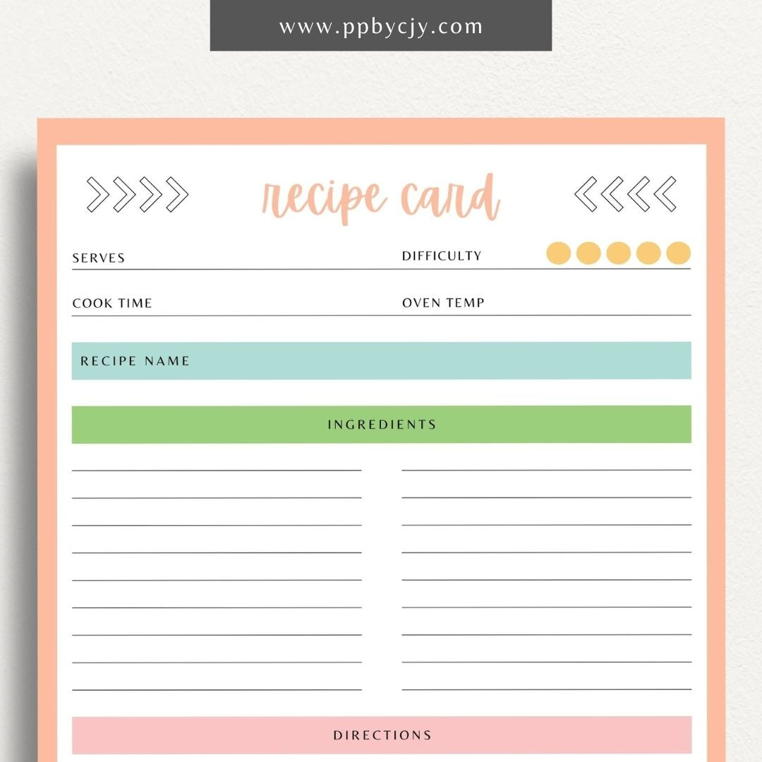 Recipe Card Printable Template – Digital download for organizing and documenting your favorite recipes and cooking instructions