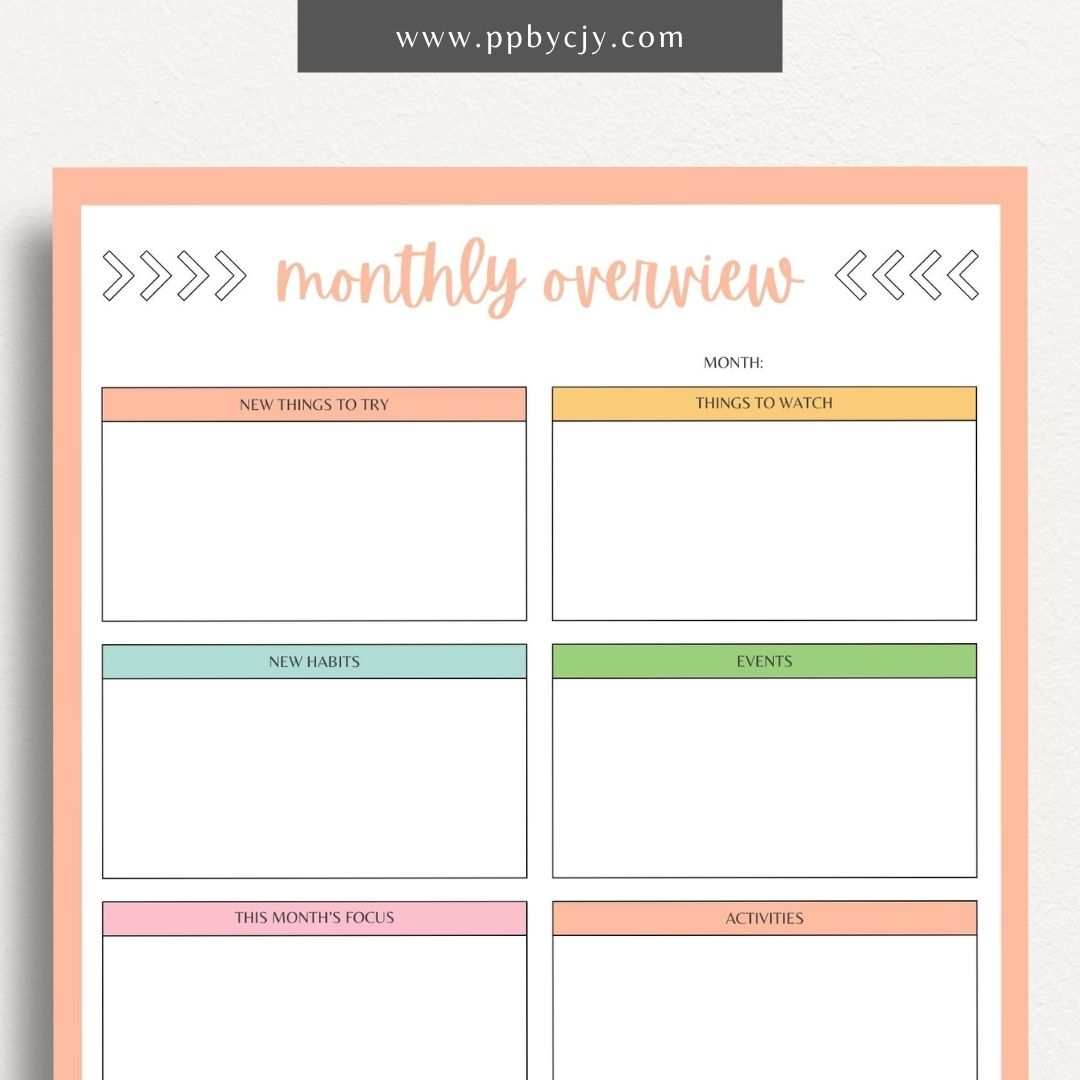 Monthly Overview Printable Template – Digital download for planning monthly schedules, setting goals, and organizing tasks.