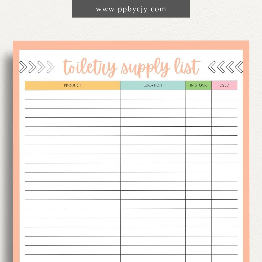 Toiletry Supply List Printable Template – Digital download for organizing and tracking bathroom essentials, personal care items, and travel packing