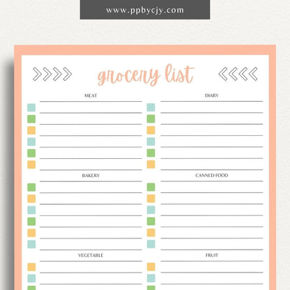 Food Grocery List Printable Template – Digital download for organizing and planning your grocery shopping.