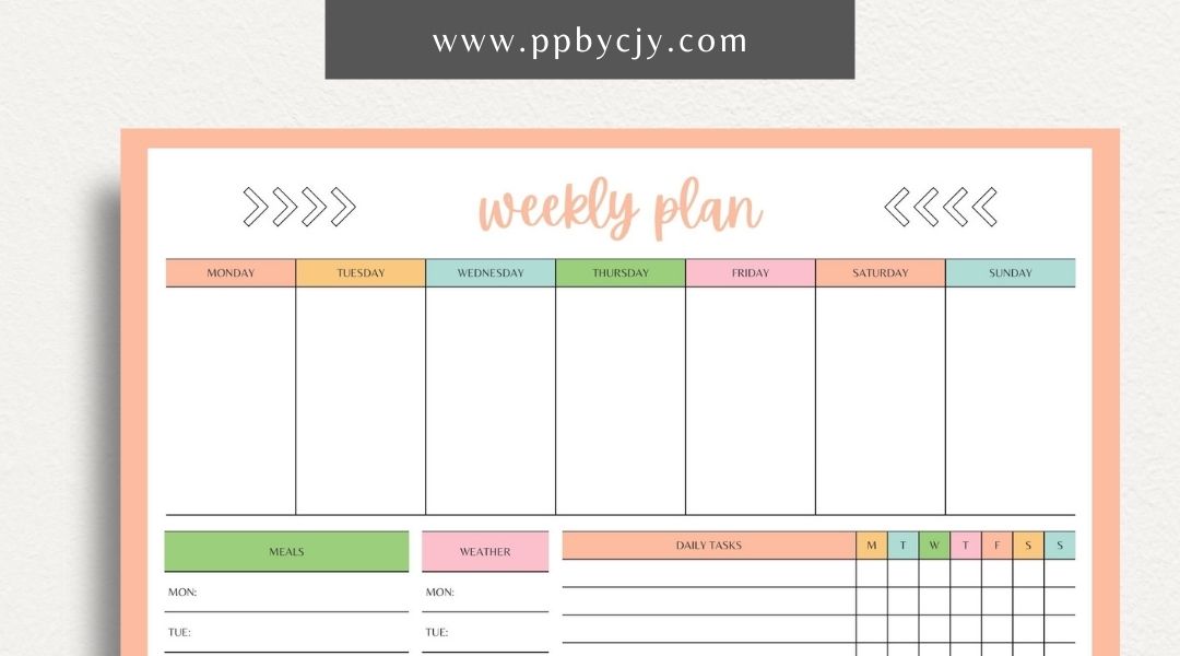 Weekly Planner Printable Template – Digital download for managing weekly schedules, tasks, and goals.