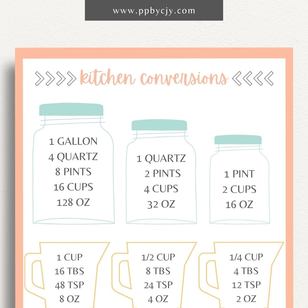 Recipe Ingredient Measurement Conversion Printable Template – Digital download for converting and referencing common ingredient measurements in recipes.