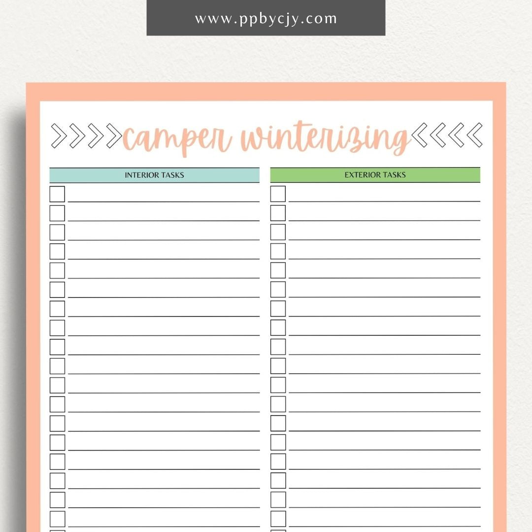 Camper Winterizing Sheet Printable Template – Digital Download for Organizing and Tracking Winterizing Tasks for Campers