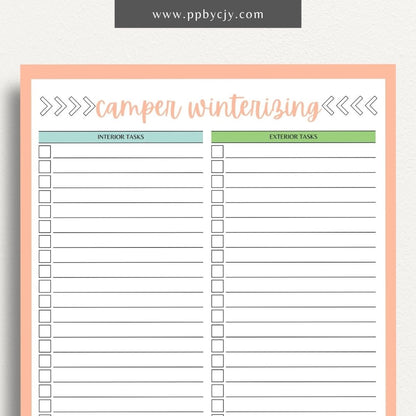 Camper Winterizing Sheet Printable Template – Digital Download for Organizing and Tracking Winterizing Tasks for Campers