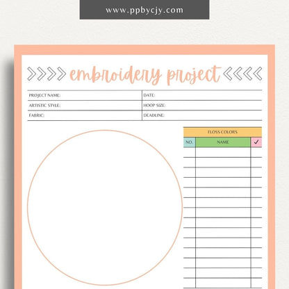 Embroidery Project Plan Printable Template – Digital download for organizing and planning embroidery projects with sections for design, materials, and progress tracking