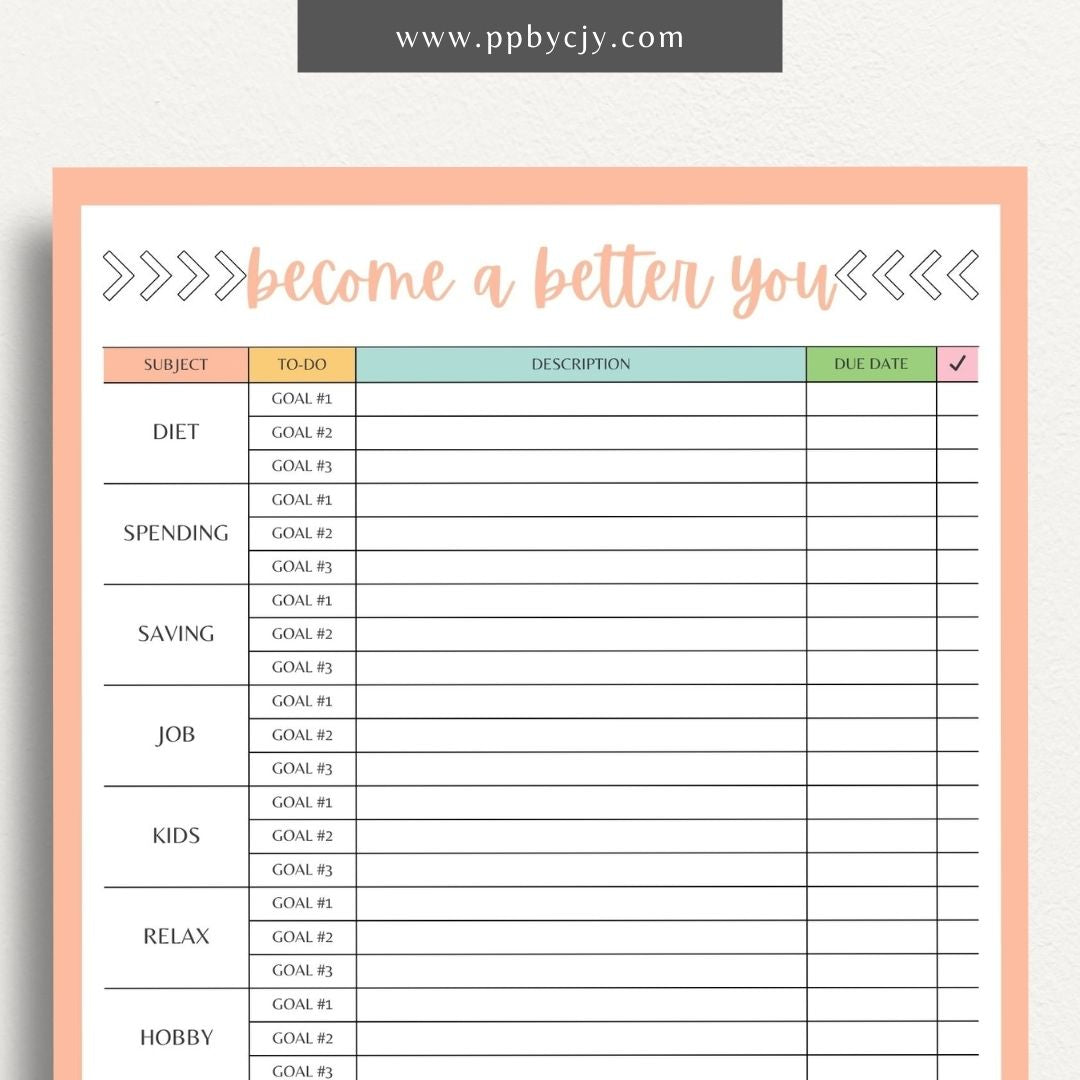 Become a Better You Worksheet Printable Template – Digital download for personal development and self-improvement tracking.