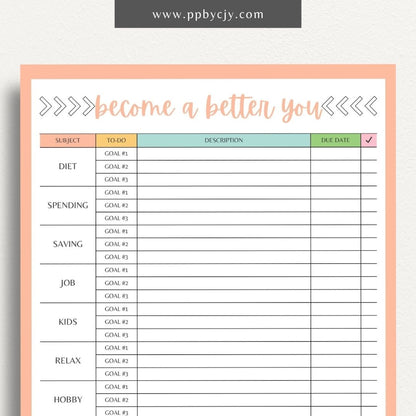 Become a Better You Worksheet Printable Template – Digital download for personal development and self-improvement tracking.