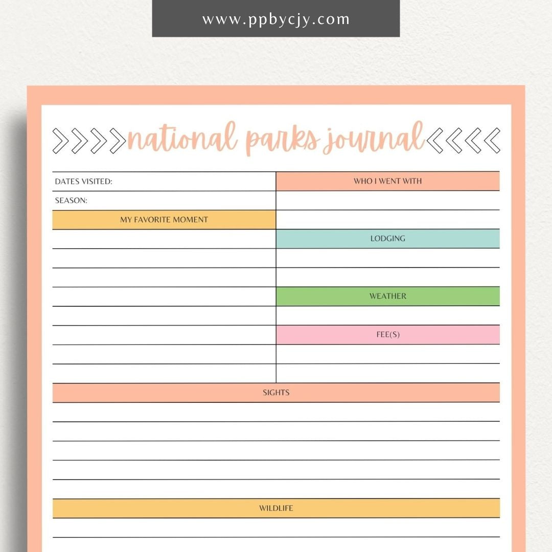 National Park Journal Printable Template – Digital download for tracking national park visits, hikes, wildlife, and more.