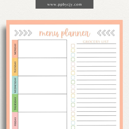 Weekly Meal Planner Printable Template – Digital download for organizing and planning meals for the week, including meal ideas, ingredients, and grocery lists