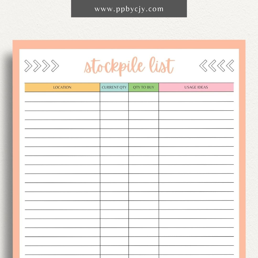 Stockpile List Printable Template – Digital download for tracking and organizing emergency supplies, food, water, and essentials inventory