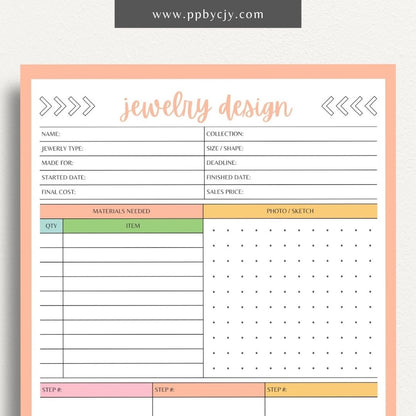 Jewelry Design Plan Printable Template – Digital download for organizing and planning jewelry designs with sections for sketches, materials, and measurements