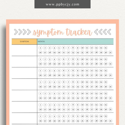 printable template page with columns and rows for symptom tracking