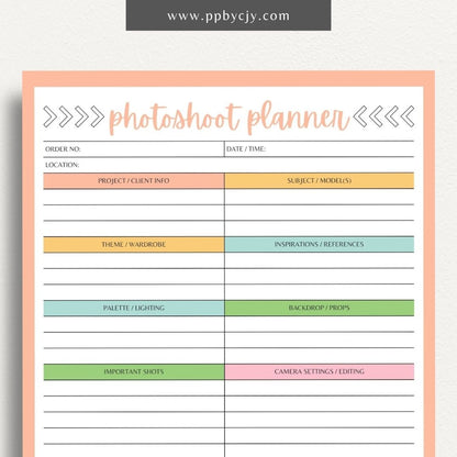 Photoshoot Planner Printable Template – Digital download for organizing and planning photography sessions, shot lists, schedules, and equipment"