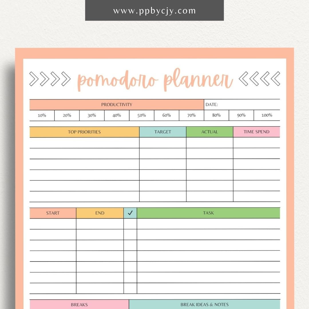 Pomodoro Planner Printable Template – Digital download for time management, productivity tracking, and focus improvement using the Pomodoro Technique.