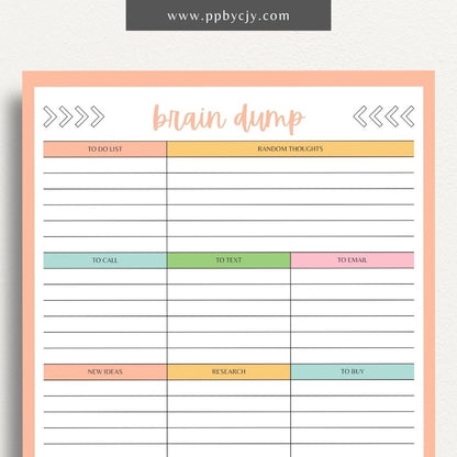 Brain Dump Printable Template – Digital download for decluttering the mind and organizing thoughts and ideas.