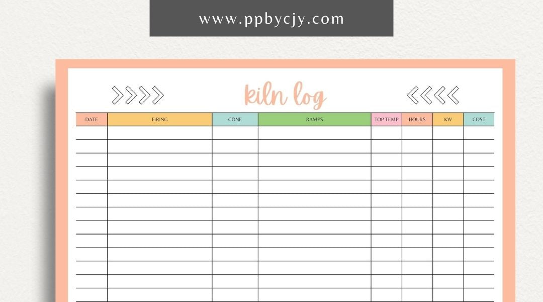 Kiln Log Printable Template – Digital download for tracking ceramic kiln operations, including firing schedules, temperatures, and kiln performance