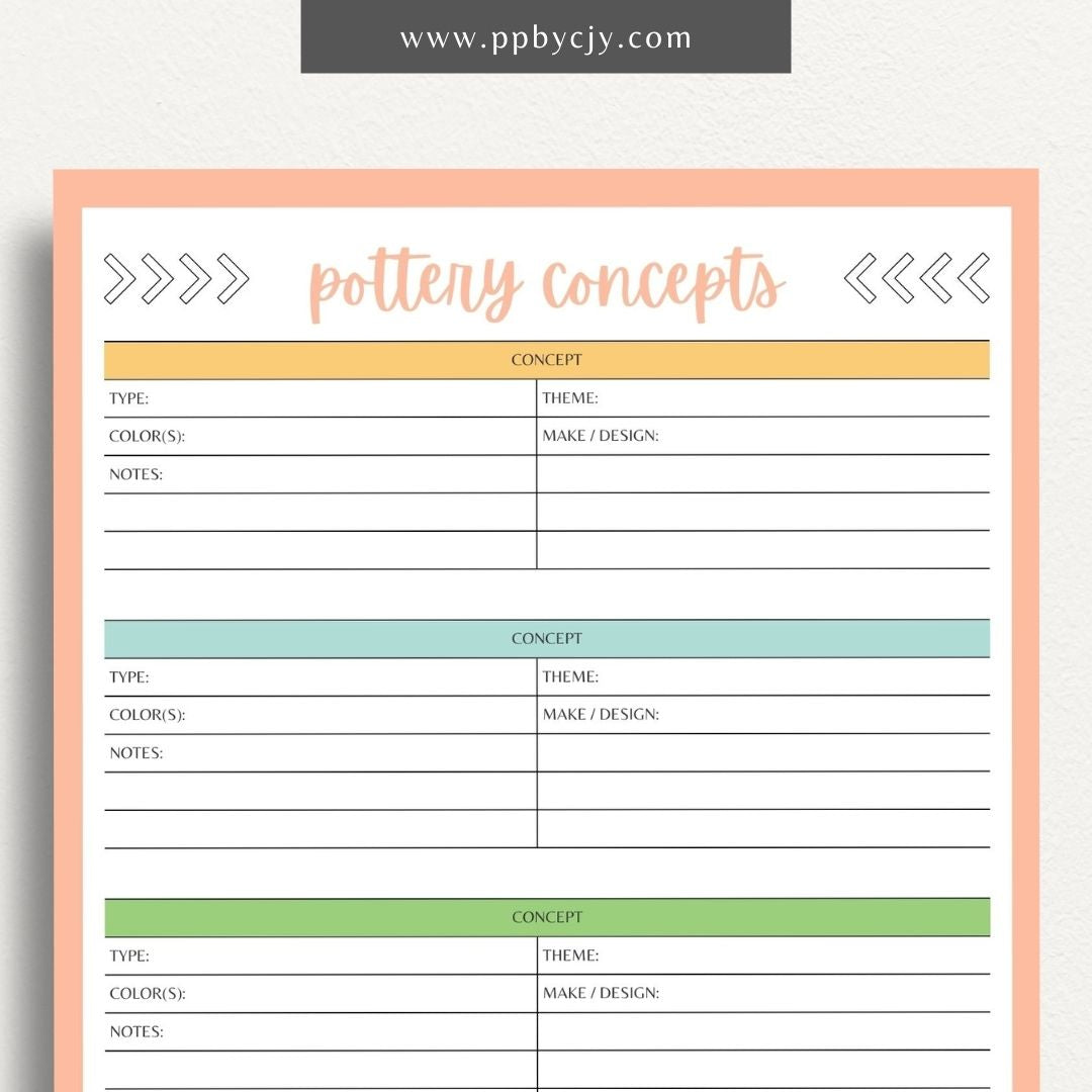 Pottery Concepts Printable Template – Digital download for planning and organizing ceramic design ideas, including sections for sketches, materials, and project tracking