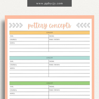 Pottery Concepts Printable Template – Digital download for planning and organizing ceramic design ideas, including sections for sketches, materials, and project tracking