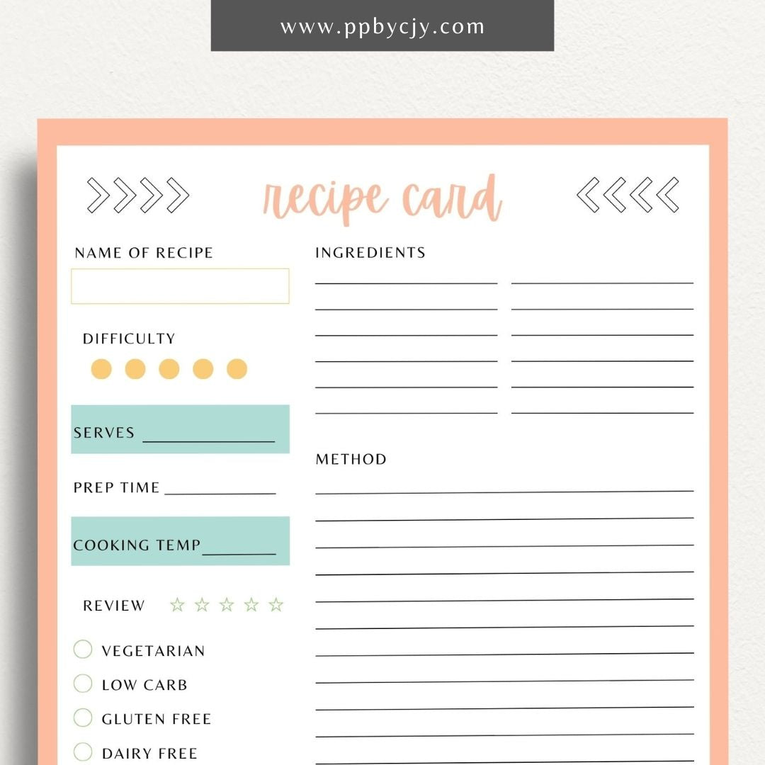 Recipe Card Printable Template – Digital download for organizing and documenting your favorite recipes and cooking instructions