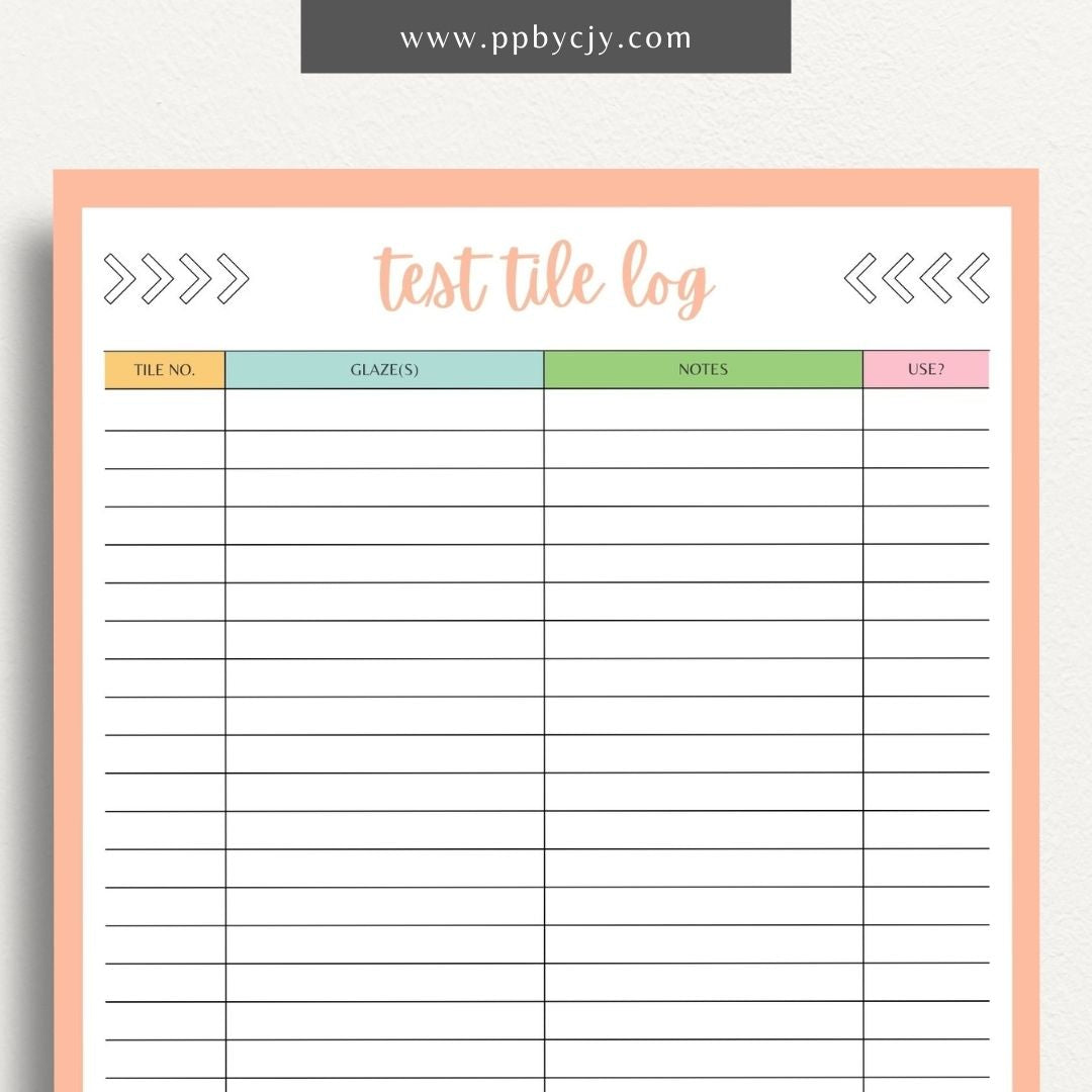 Pottery Test Tile Log Printable Template – Digital download for documenting and tracking ceramic glaze tests, including glaze types, temperatures, and observations