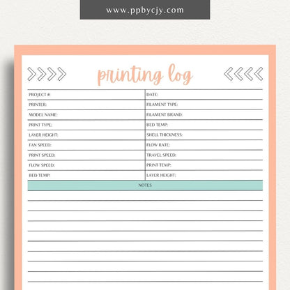 3D Printing Log Printable Template – Digital download for tracking and organizing 3D print jobs, settings, and project details