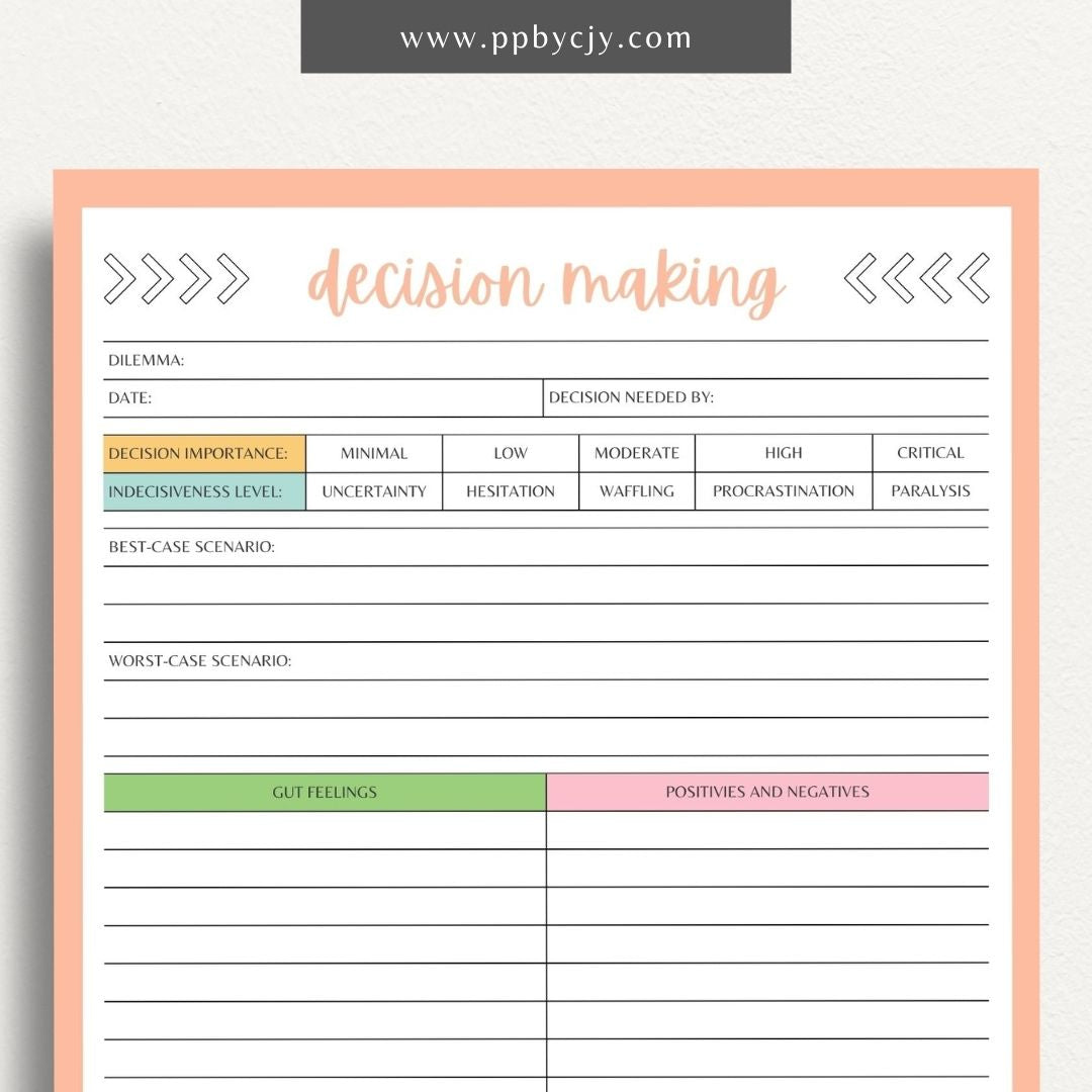 Decision-Making Sheet Printable Template – Digital download for evaluating options, listing pros and cons, and organizing thoughts for confident decision-making.