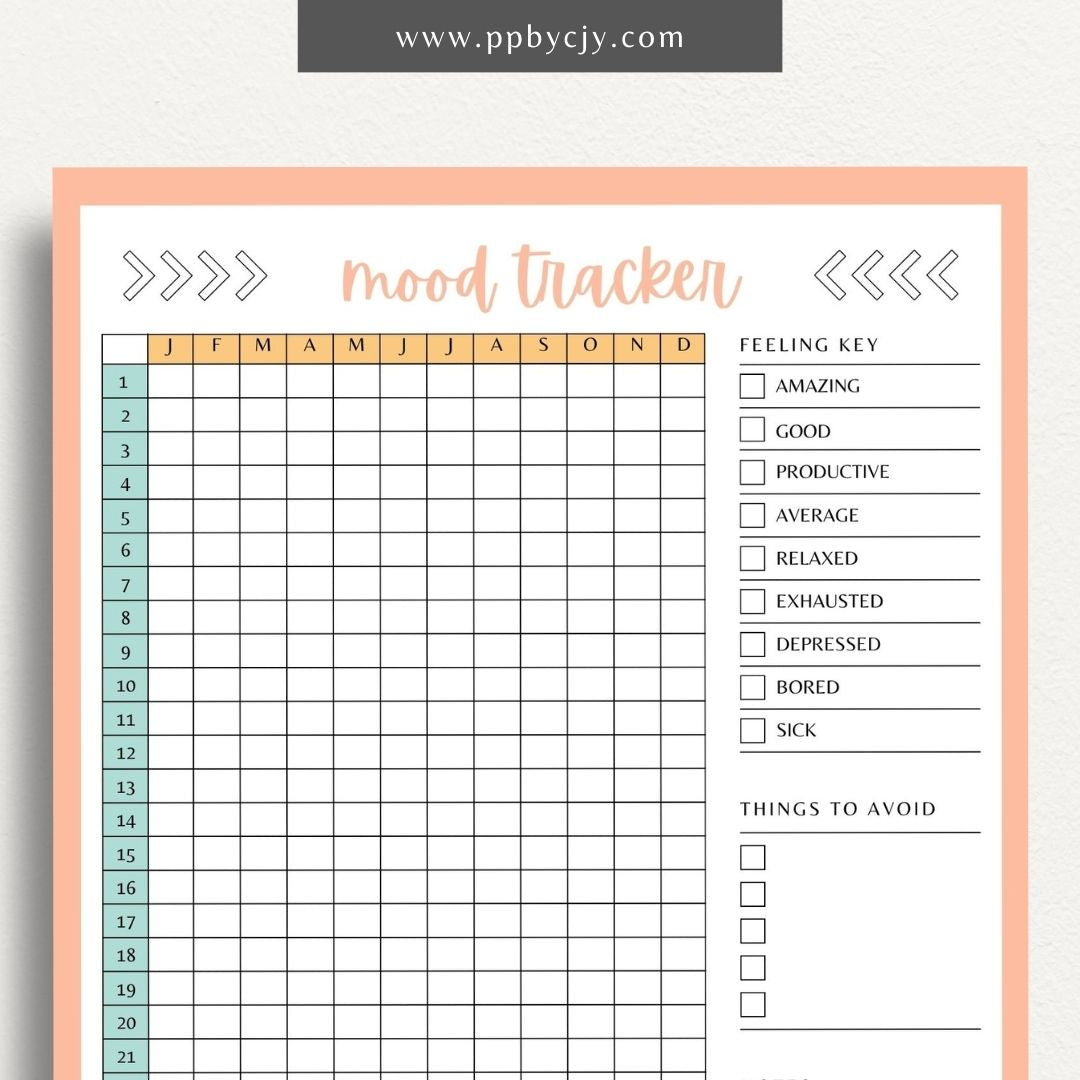 printable template page with columns and rows related to mood tracking