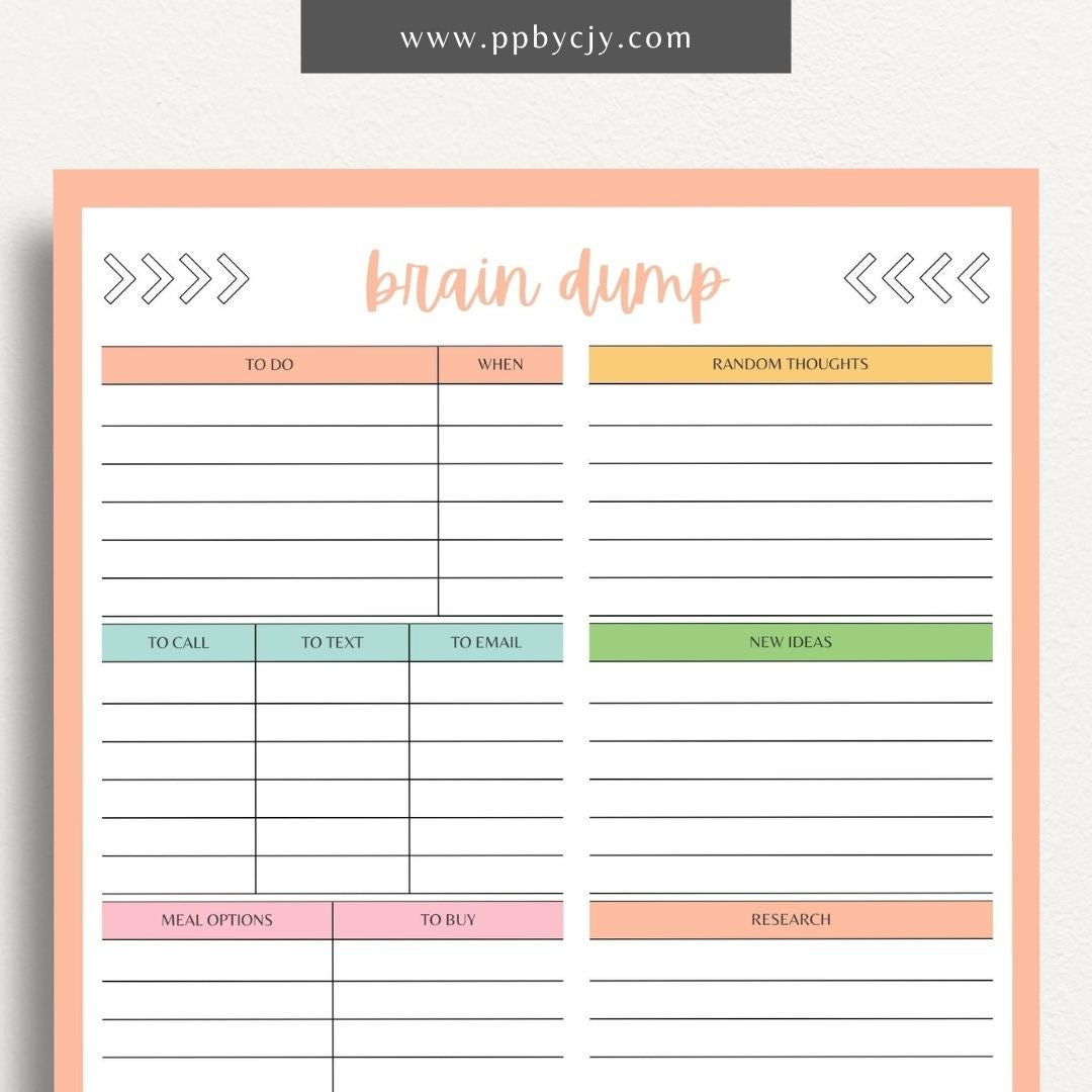 Brain Dump Worksheet Printable – Digital download for organizing thoughts, ideas, and tasks to achieve mental clarity.