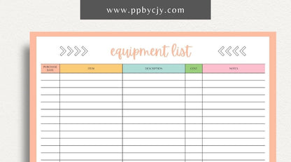 Equipment & Machine List Printable Template – Digital download for tracking and organizing machinery, maintenance schedules, and equipment inventory