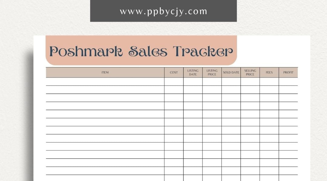 Poshmark Sales Tracker Printable Template – Digital download for monitoring and managing your Poshmark sales, inventory, and profits