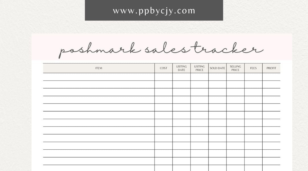 Poshmark Sales Tracker Printable Template – Digital download for monitoring and managing your Poshmark sales, inventory, and profits