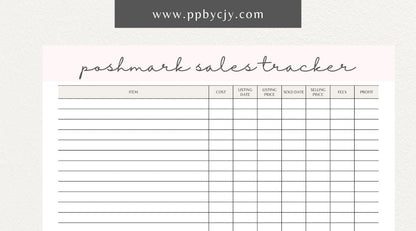 Poshmark Sales Tracker Printable Template – Digital download for monitoring and managing your Poshmark sales, inventory, and profits